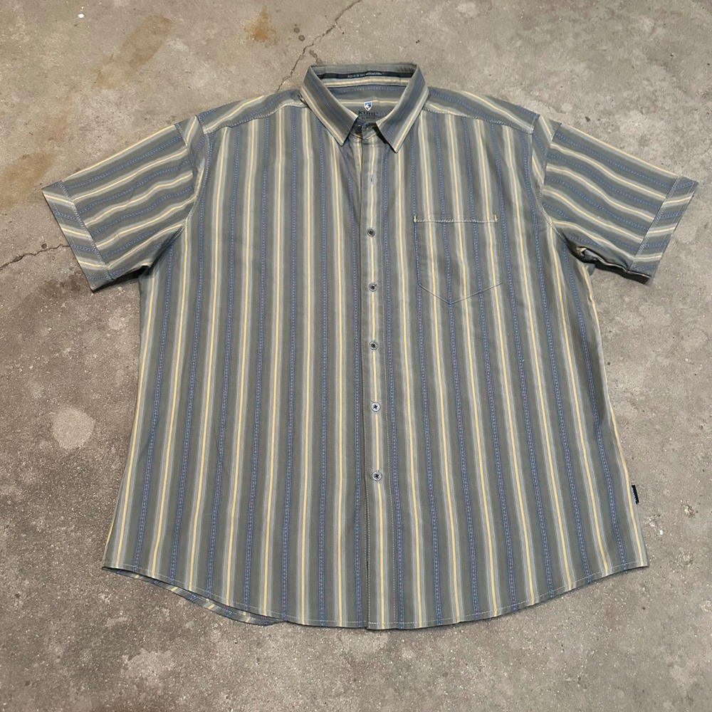 Kuhl Eluxor Button Down Shirt Mens Large Green Striped Short Sleeve Outdoor Hike